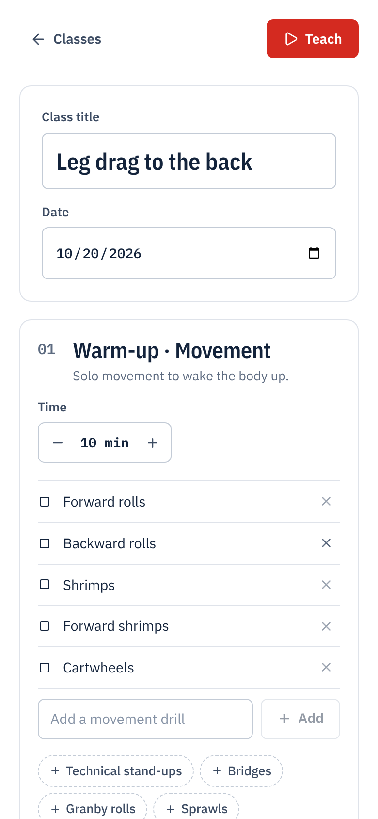 Editing the warm-up block: time and movement drills.